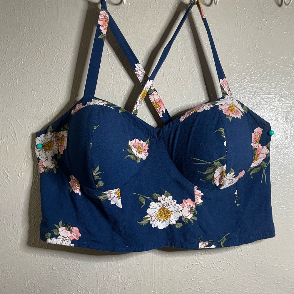 Blue and pink two piece pantsuit set with corset style crop top